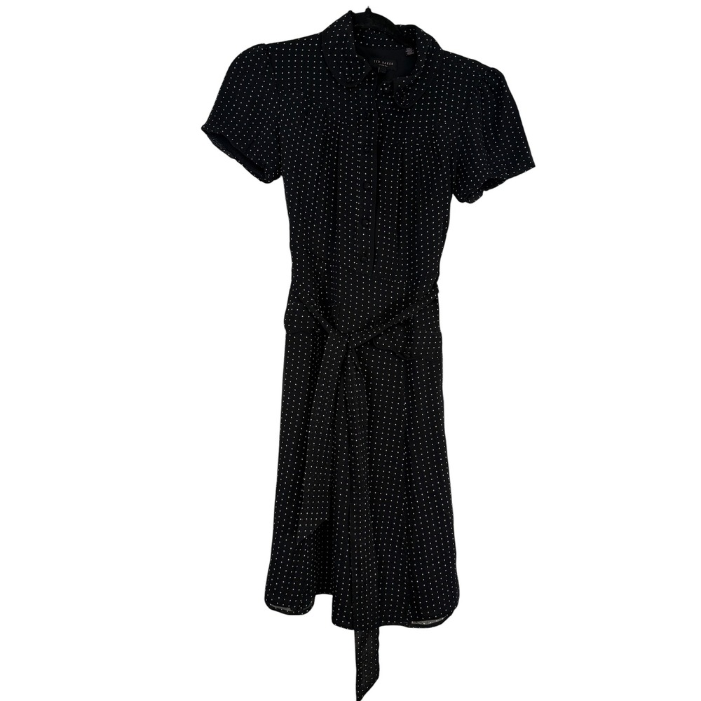 Ted Baker London Black White Polka Dot 100% Silk Shirt Dress Peter Pan Collar 1